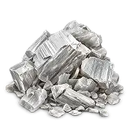 A pile of silvery, metallic chunks and shards on a white background.