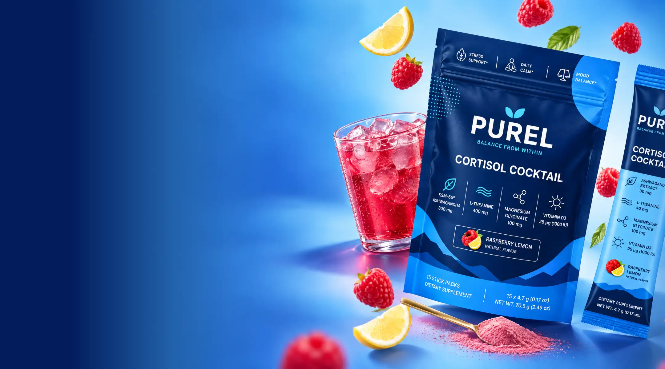 A product shot of Purel Cortisol Cocktail, a raspberry lemon supplement, with a mixed drink and fresh fruit.
