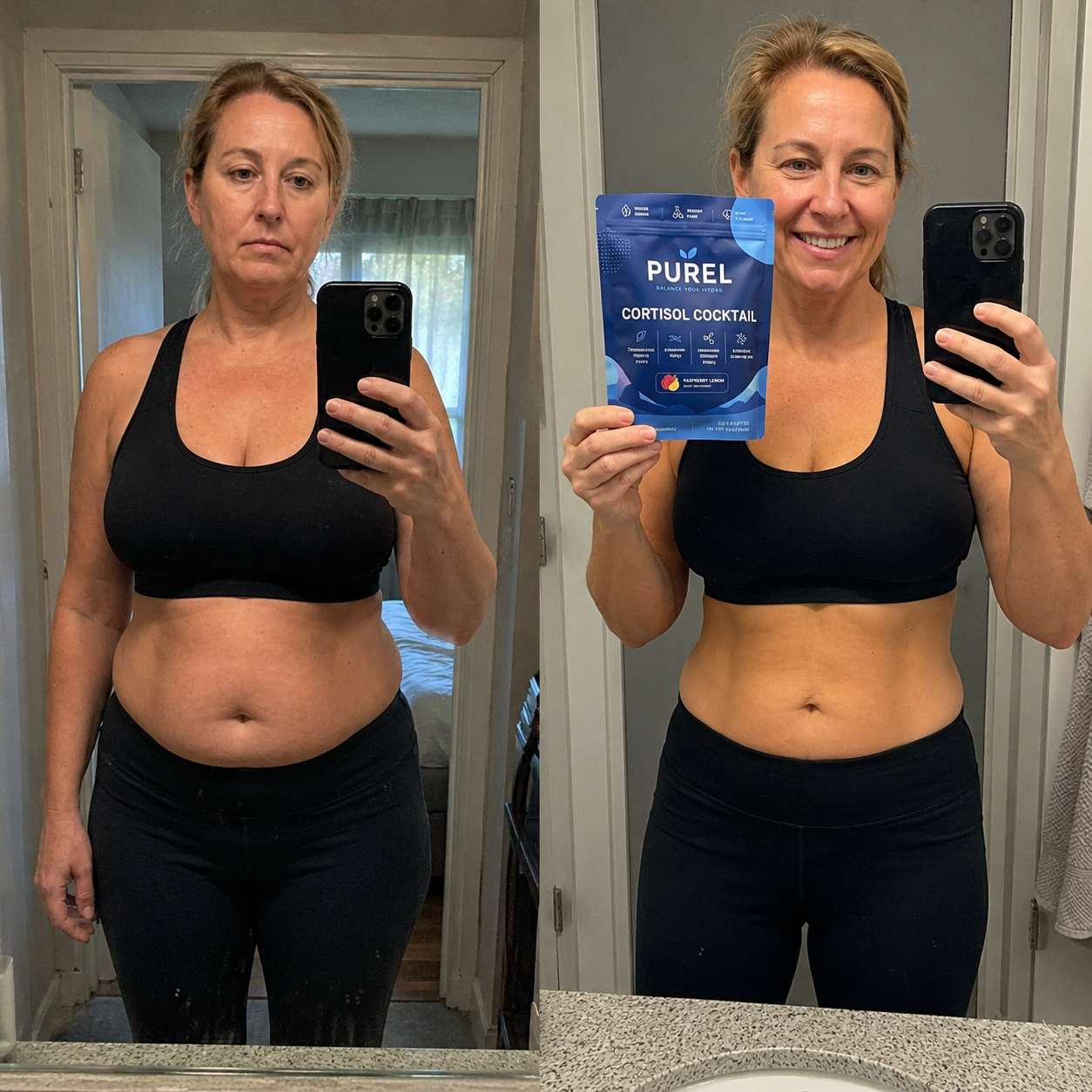A side-by-side before and after photo of a woman holding a pouch of Purel Cortisol Cocktail.