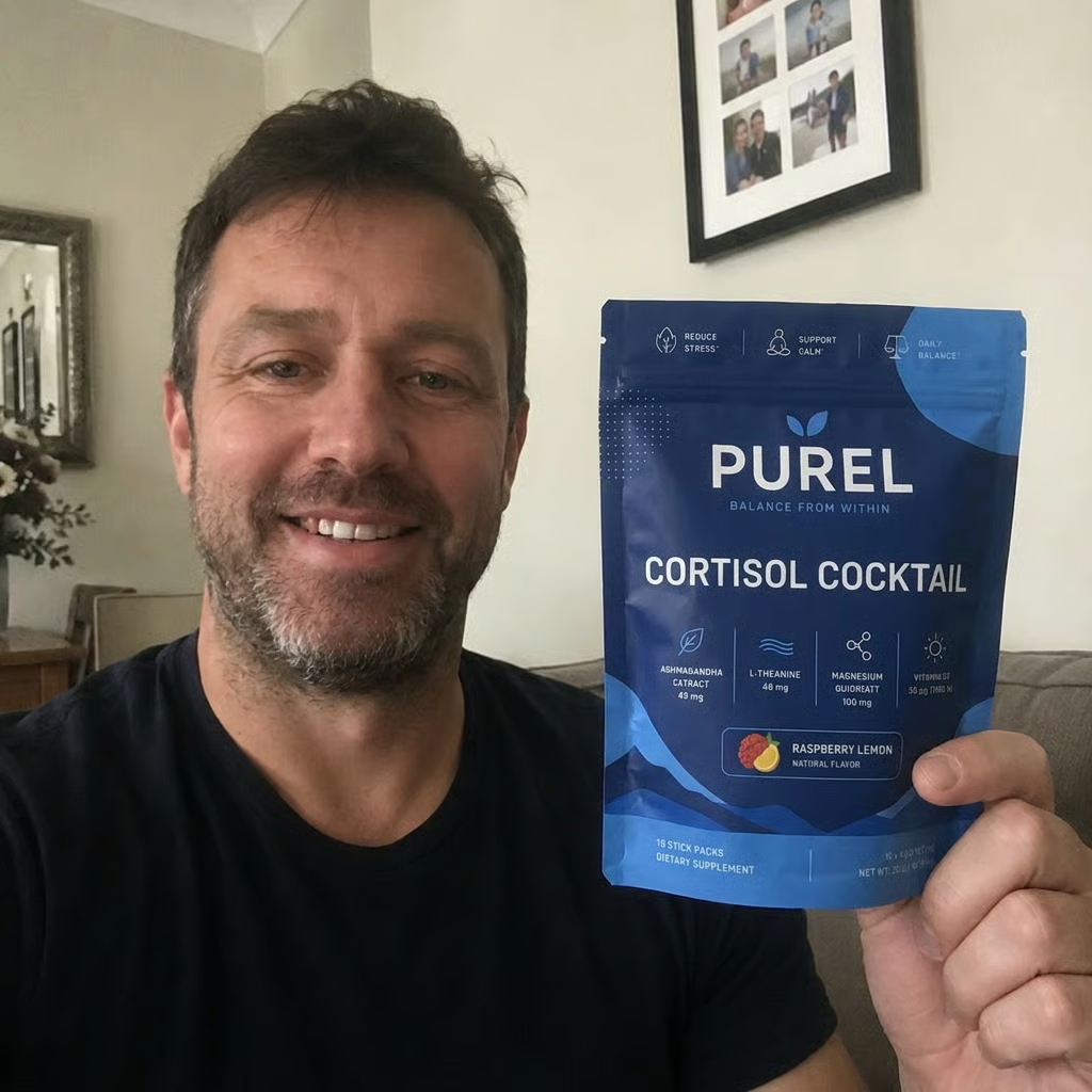 A smiling man holds up a blue pouch of Purel Cortisol Cocktail dietary supplement.