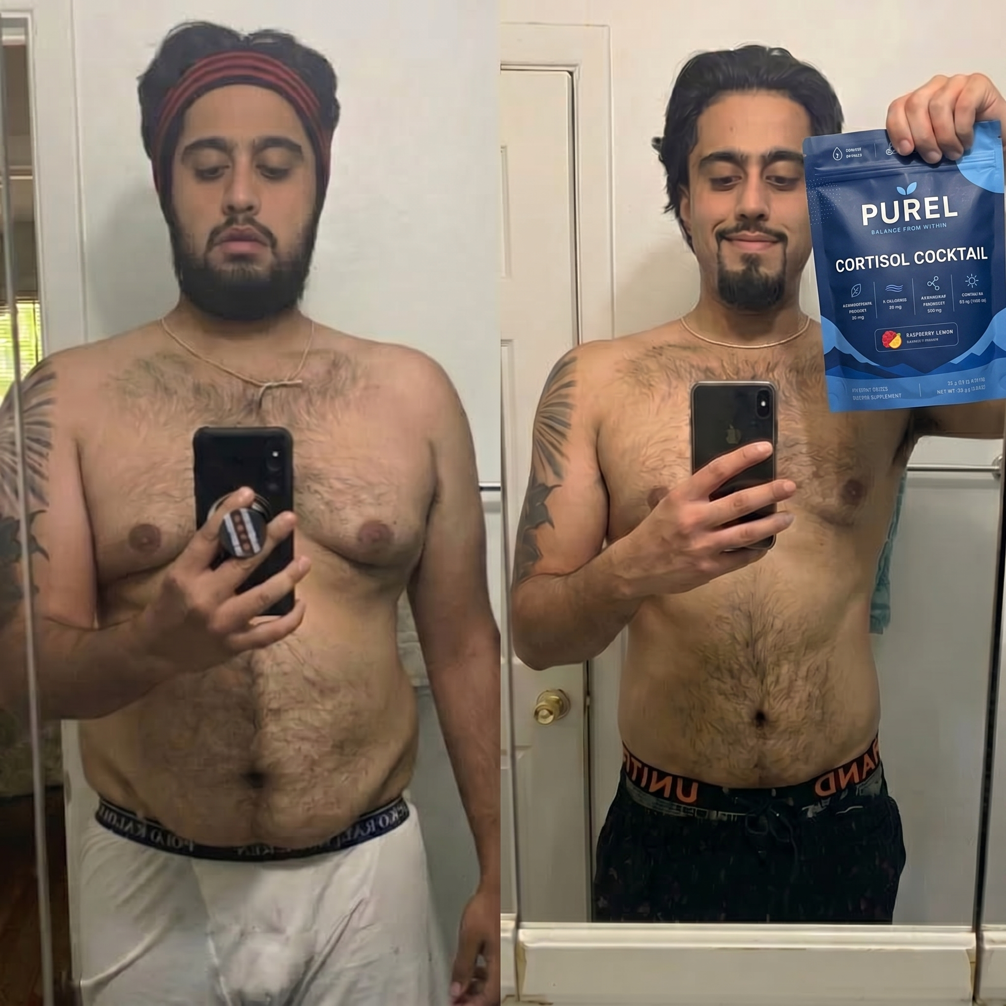 A before and after comparison of a man's body transformation while holding a PUREL supplement pouch.
