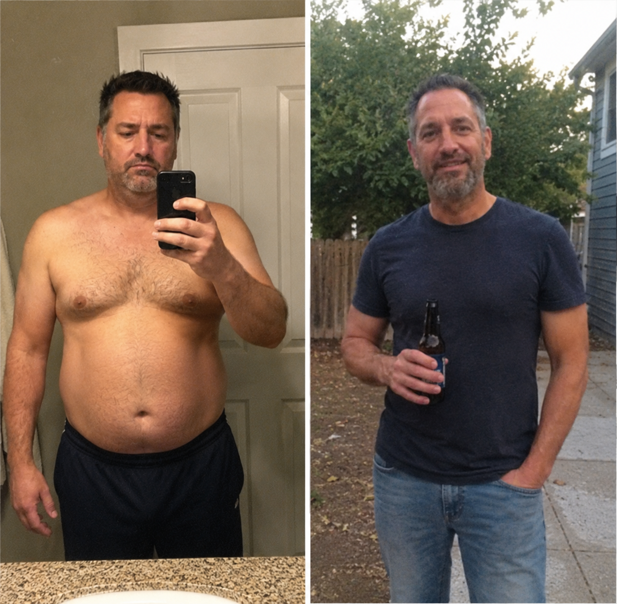 A side-by-side before and after photo showing a man's weight loss transformation.
