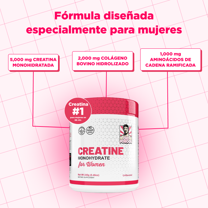 Creatine supplement for women with highlighted ingredients and pink grid background.