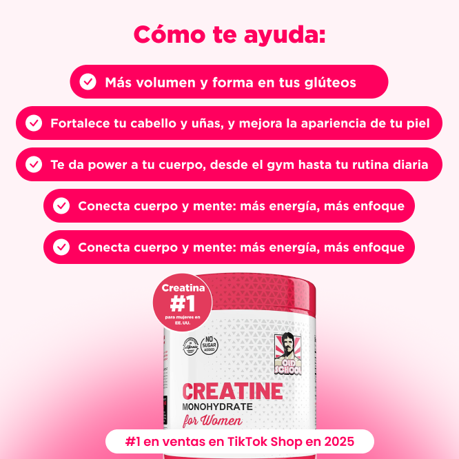 Promotional image for creatine monohydrate supplement with benefits listed in Spanish.