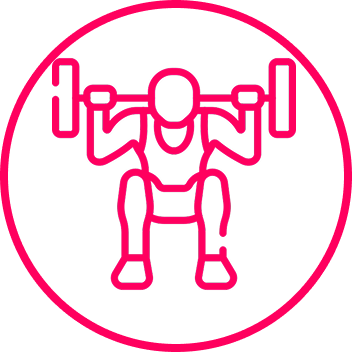 Icon of a person squatting with a barbell, outlined in pink.