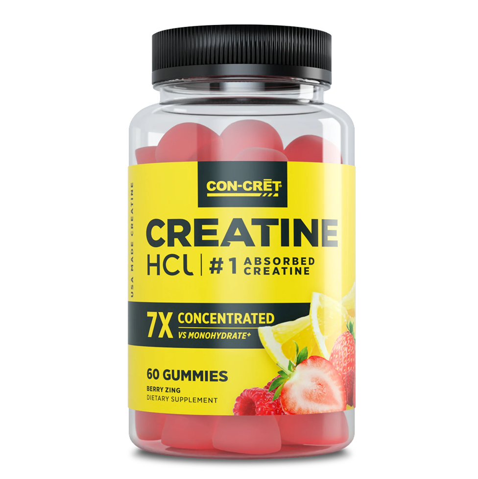 Bottle of creatine gummies with yellow label and fruit images.