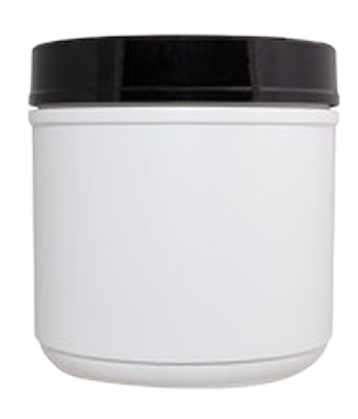 White plastic jar with a black lid, isolated on a white background.