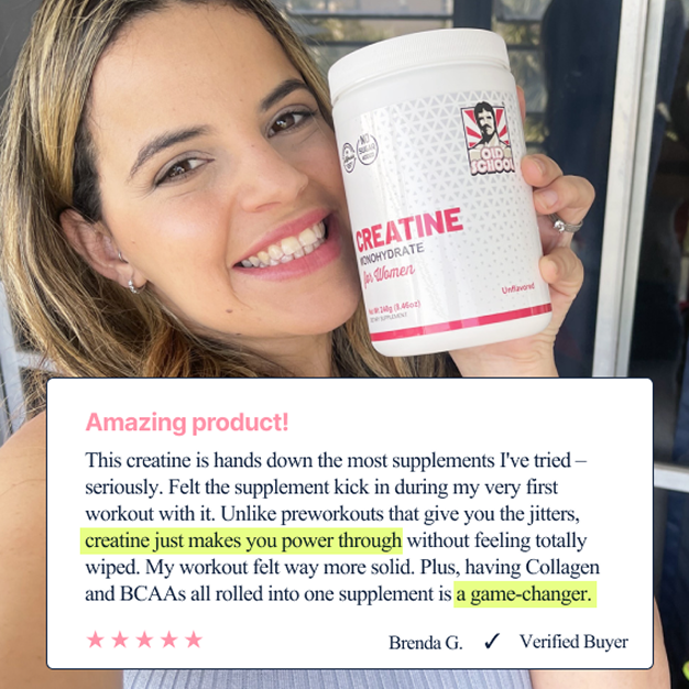 Woman smiling and holding a container of creatine with a positive review below.