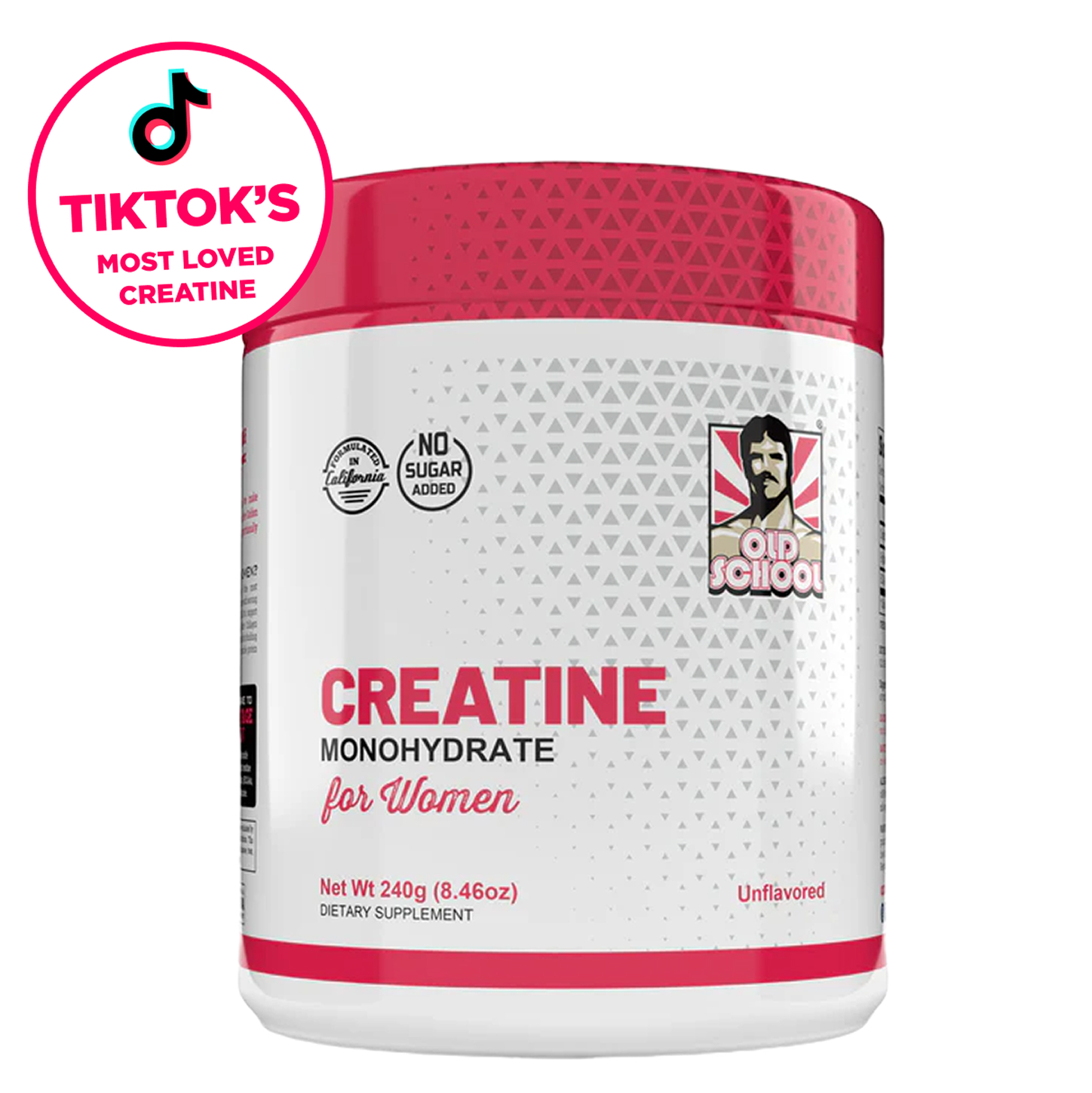 Container of creatine monohydrate supplement for women with red and white design.