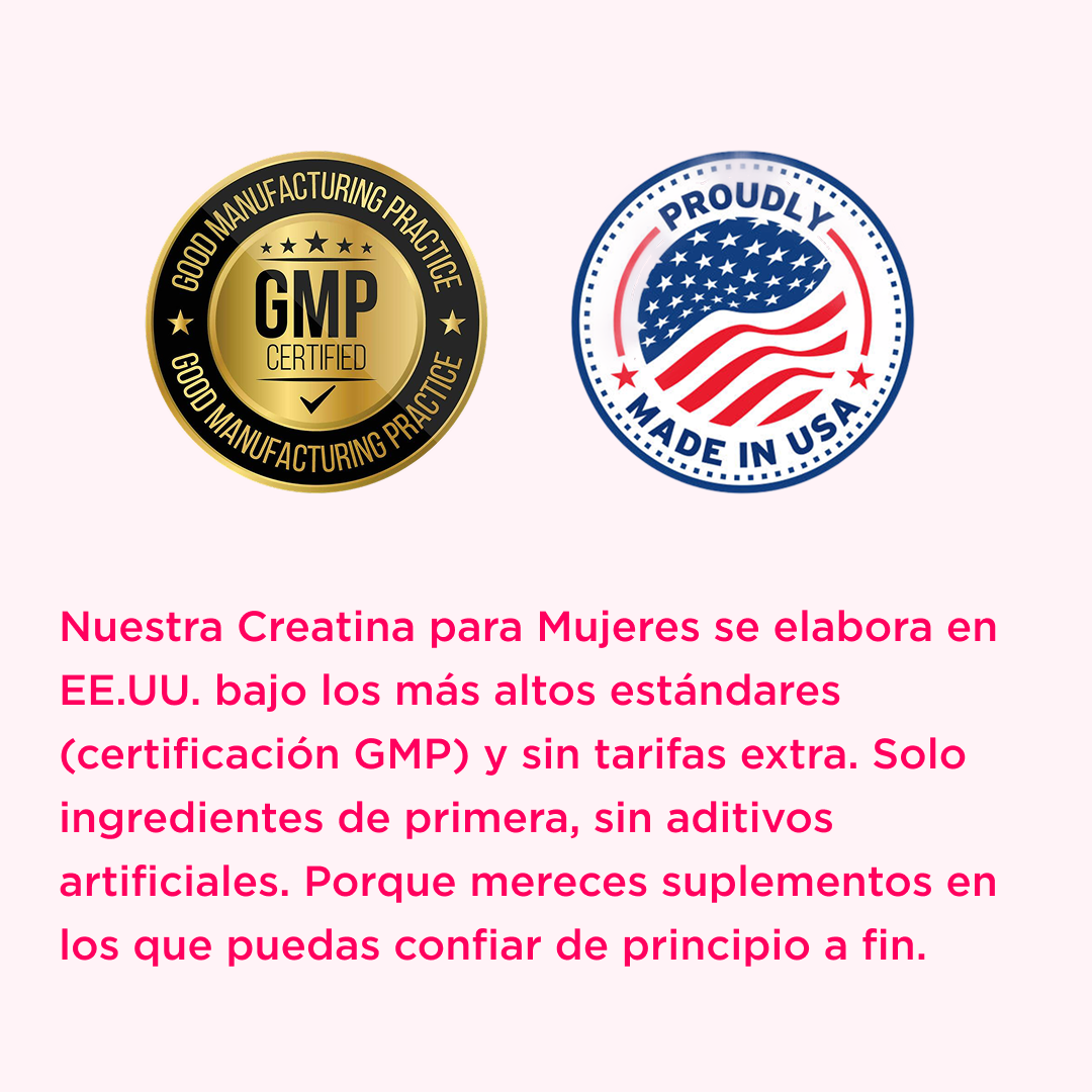Two certification badges with Spanish text about creatine for women.