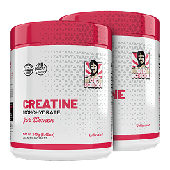 Two containers of creatine monohydrate supplement for women with red lids.