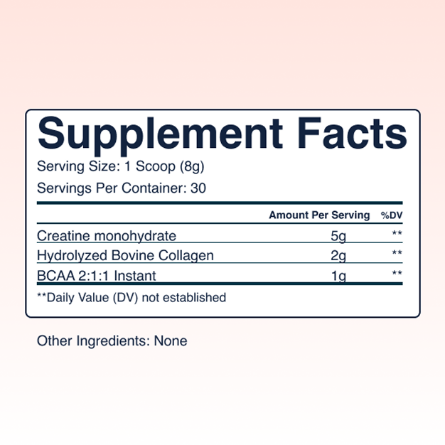 Supplement facts label with creatine, collagen, and BCAA details.