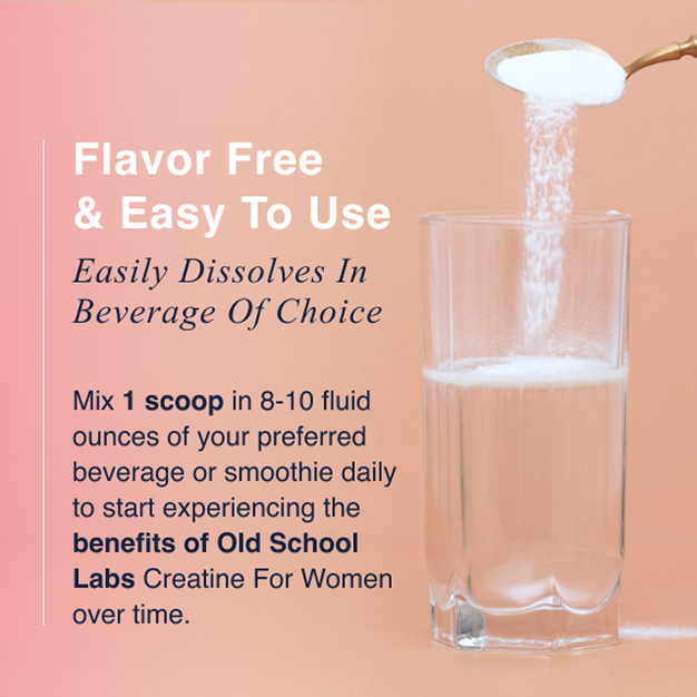 Spoon pouring powder into a glass of water with text about creatine benefits.