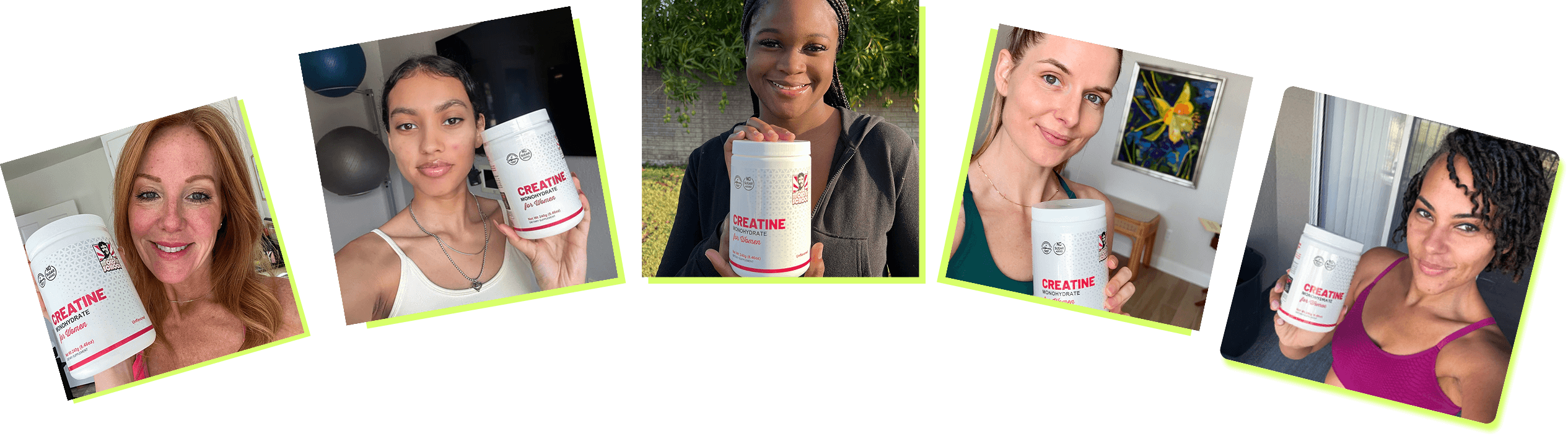 Five people holding containers of creatine monohydrate for women.