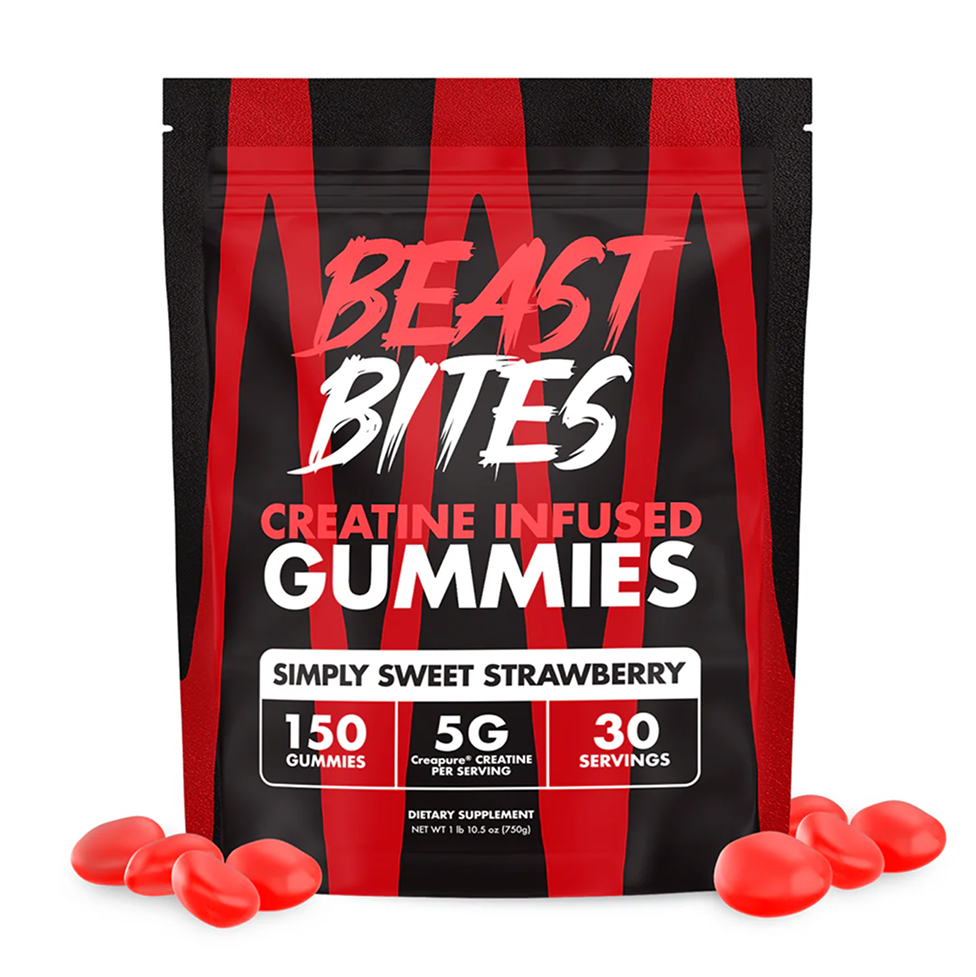 Package of creatine-infused strawberry gummies labeled 'Beast Bites' with red and black design.