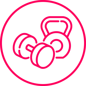 Outline of a dumbbell and kettlebell inside a circle.
