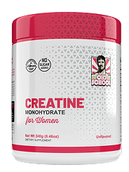 Container of creatine monohydrate supplement for women with red and white design.
