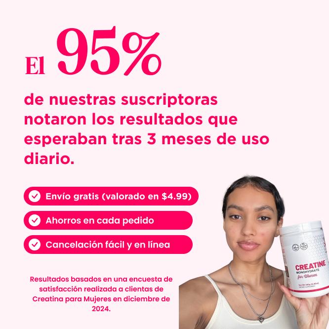 Woman holding a creatine product with promotional text in Spanish.