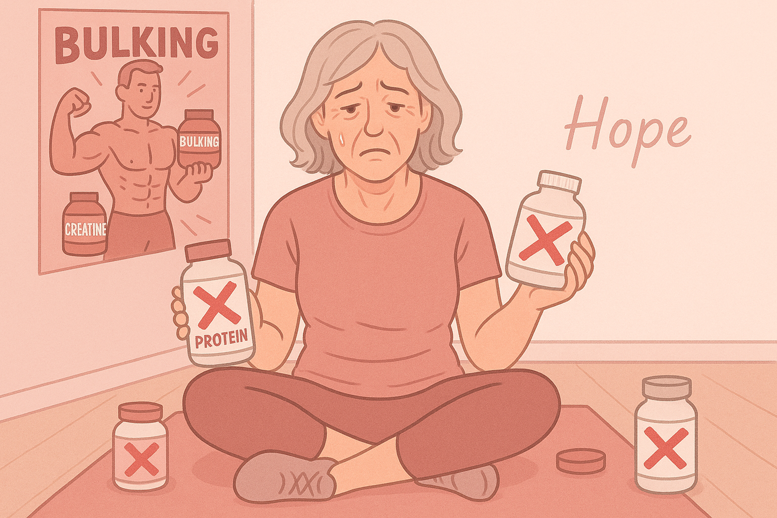 Elderly woman holding supplement bottles, sitting on floor, with a bulking poster in the background.