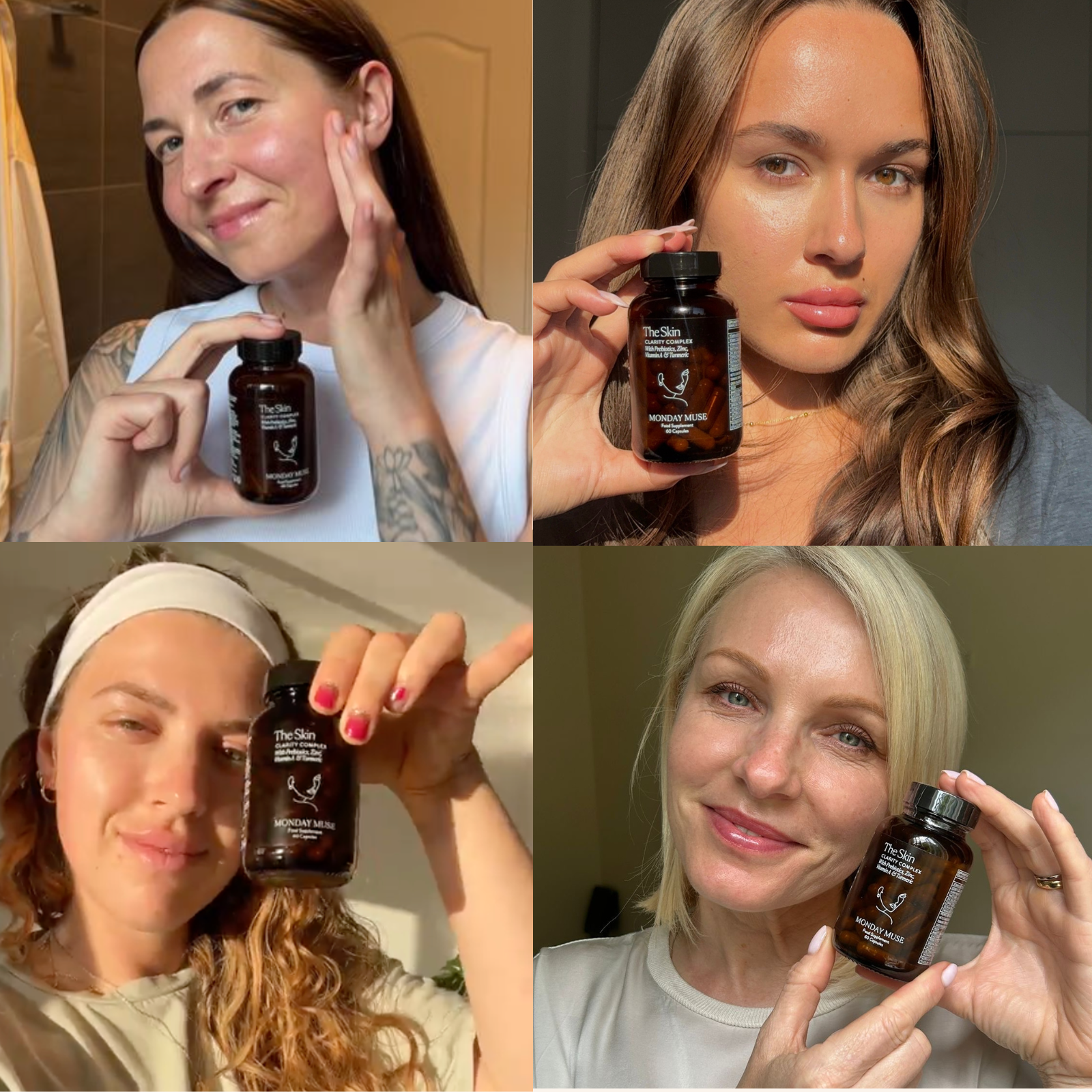 A four-panel photo collage of four different women, each holding a bottle of Monday Muse The Skin capsules.