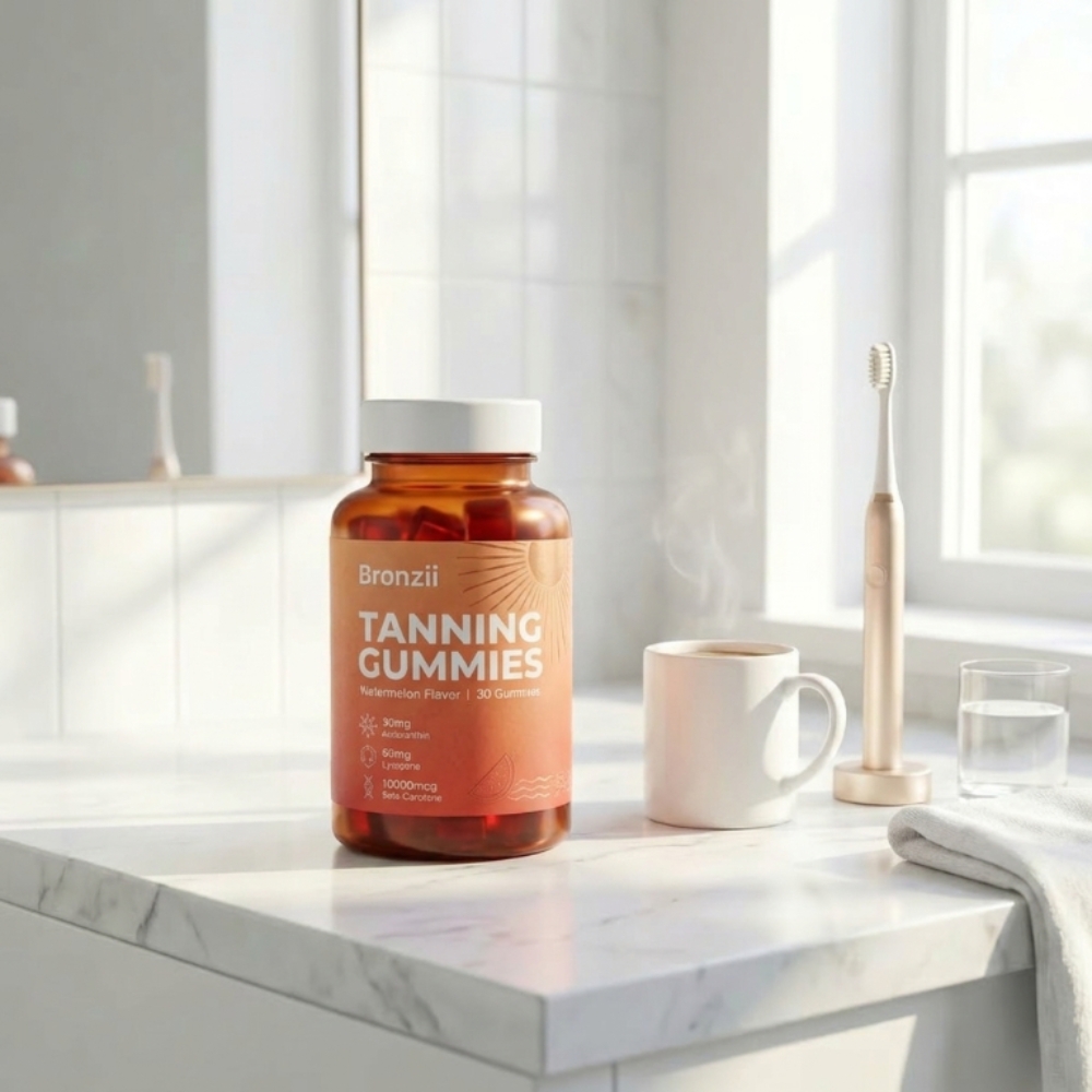 A bottle of tanning gummies on a bathroom counter next to a steaming mug and an electric toothbrush.