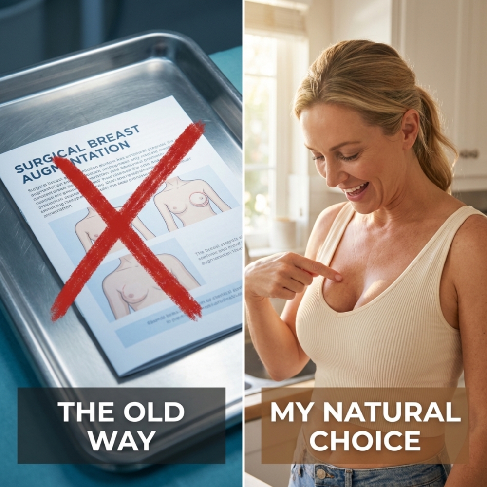 A split image contrasting a pamphlet for surgical breast augmentation with a woman pointing to her chest.