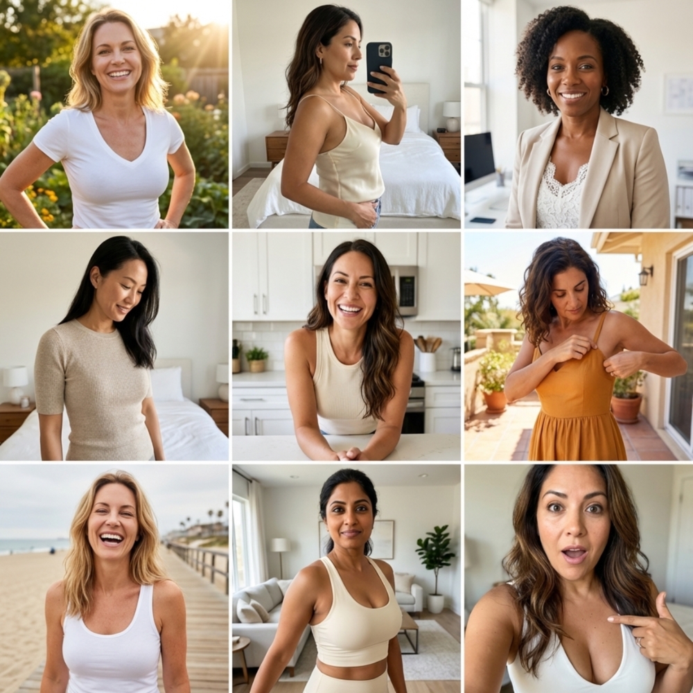 A collage of nine photos showing diverse, smiling women in various indoor and outdoor settings.