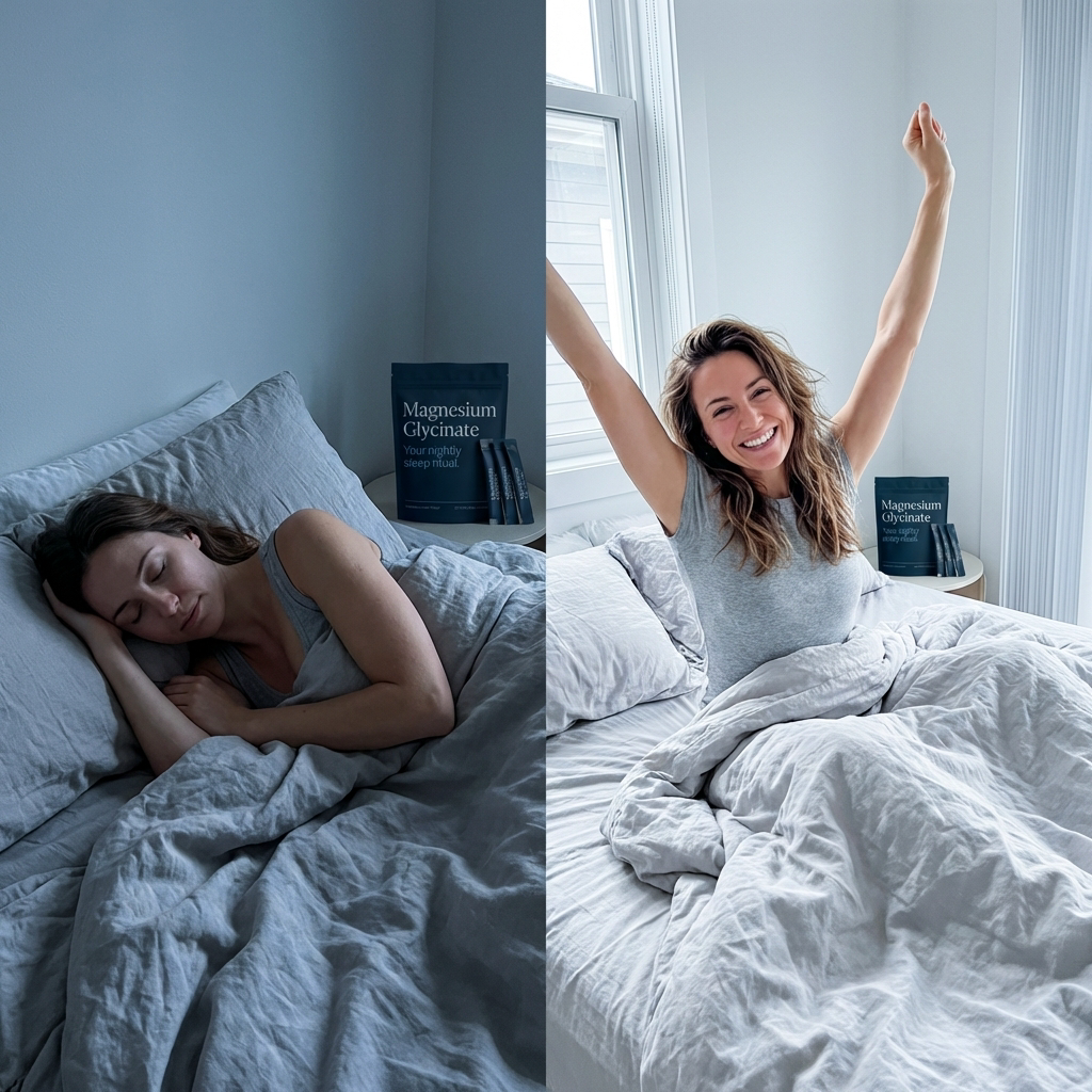 A split image showing a woman sleeping peacefully at night and waking up happy and refreshed in the morning.