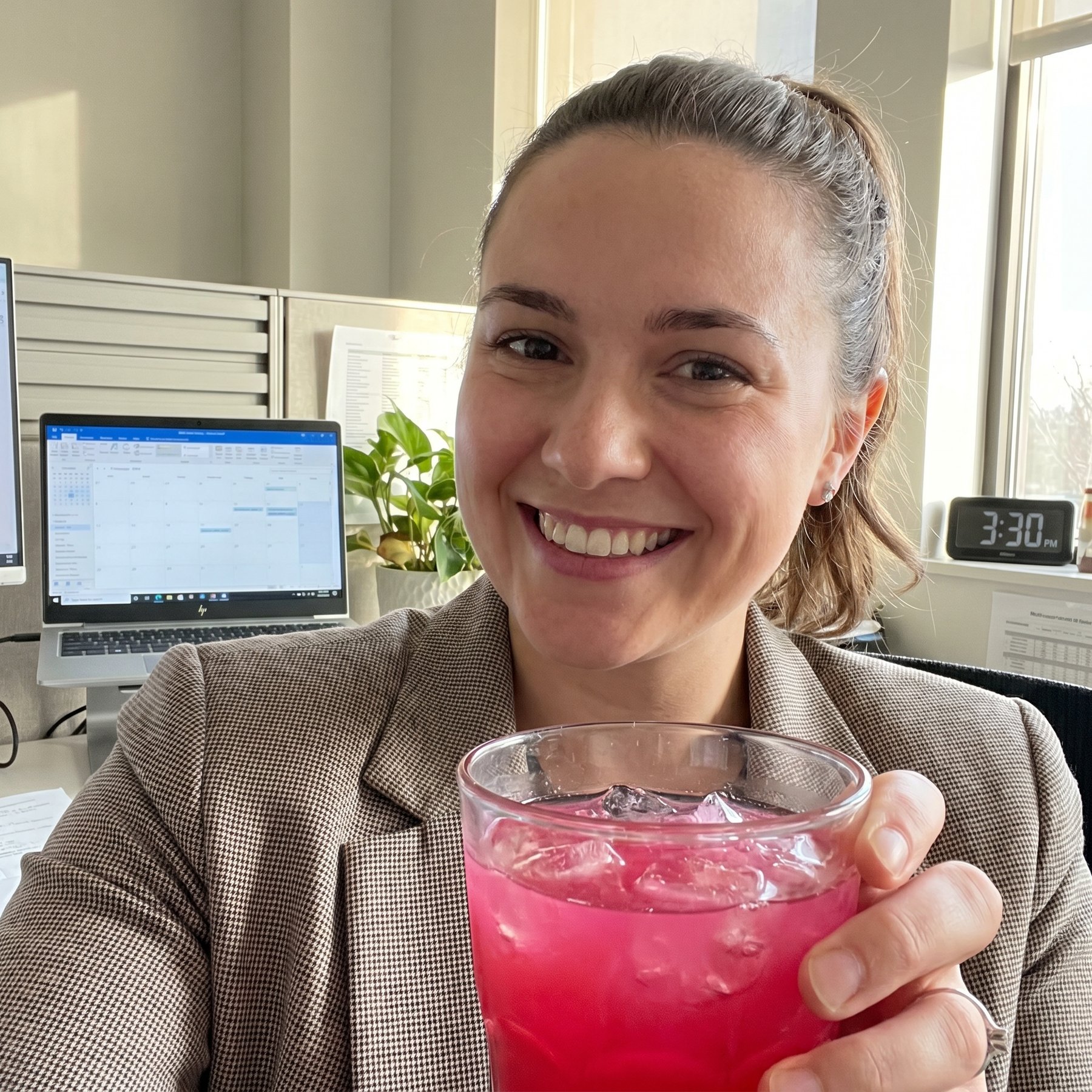 Mujer en oficina sonriendo con bebida rosa