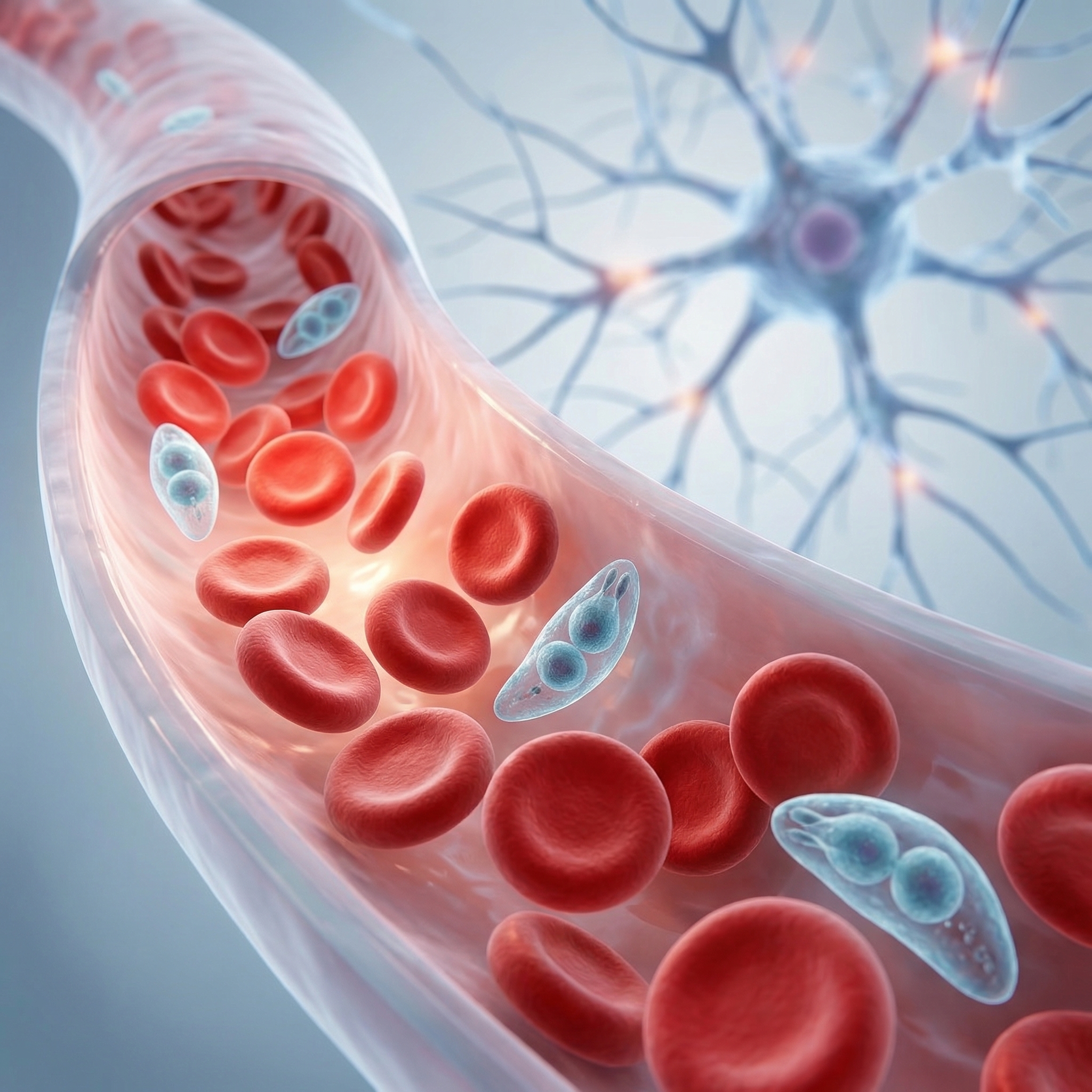 A 3D illustration of red blood cells and parasites in a blood vessel, with a neuron nearby.