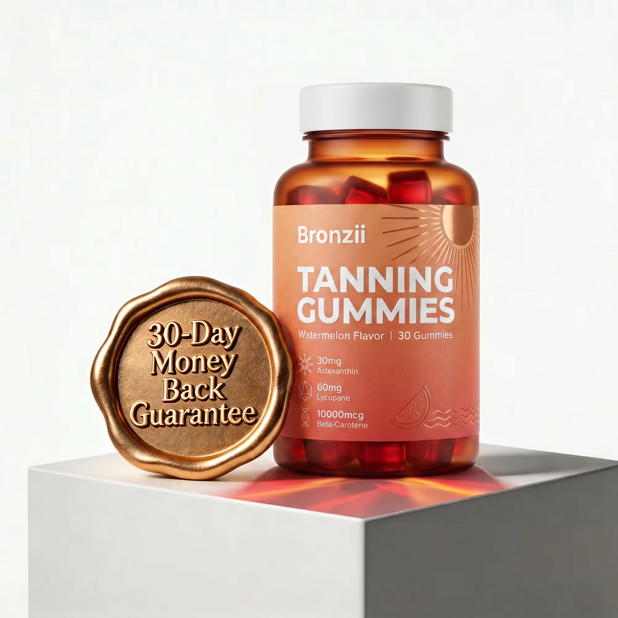 A bottle of 'Bronzii Tanning Gummies' next to a golden guarantee seal on a white block.