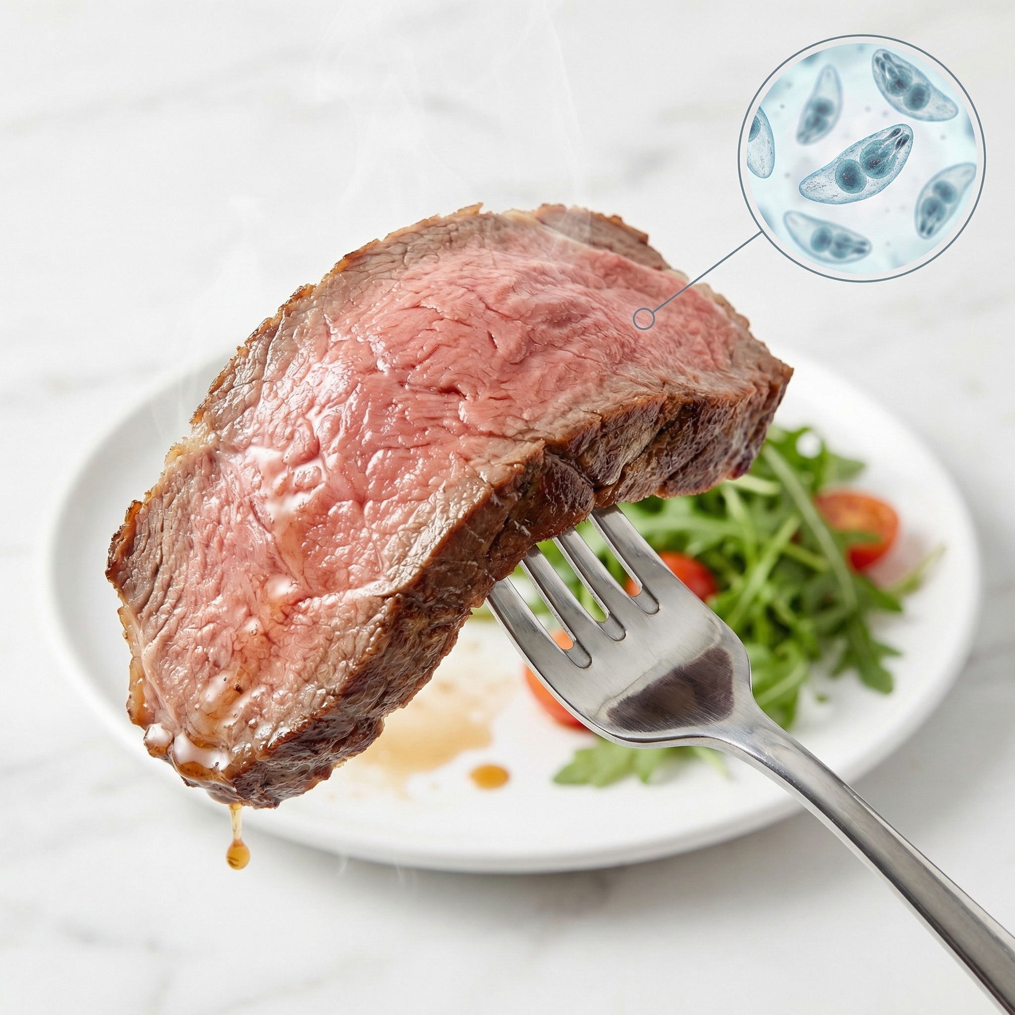 A slice of steak on a fork with a magnified inset showing microscopic parasites present in the meat.