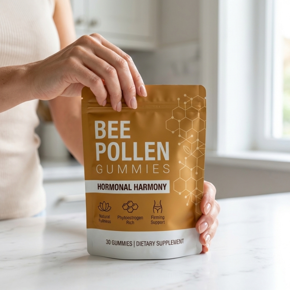 A person's hands hold a gold-colored pouch of Bee Pollen Gummies on a marble countertop.