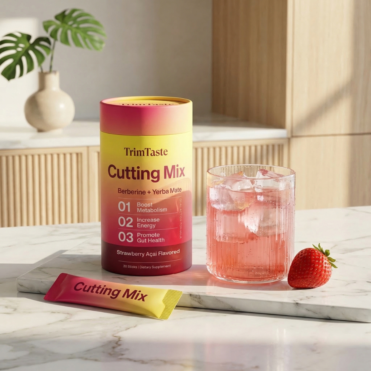 TrimTaste Cutting Mix supplement with a glass of pink iced drink, a single-serve packet, and a strawberry.