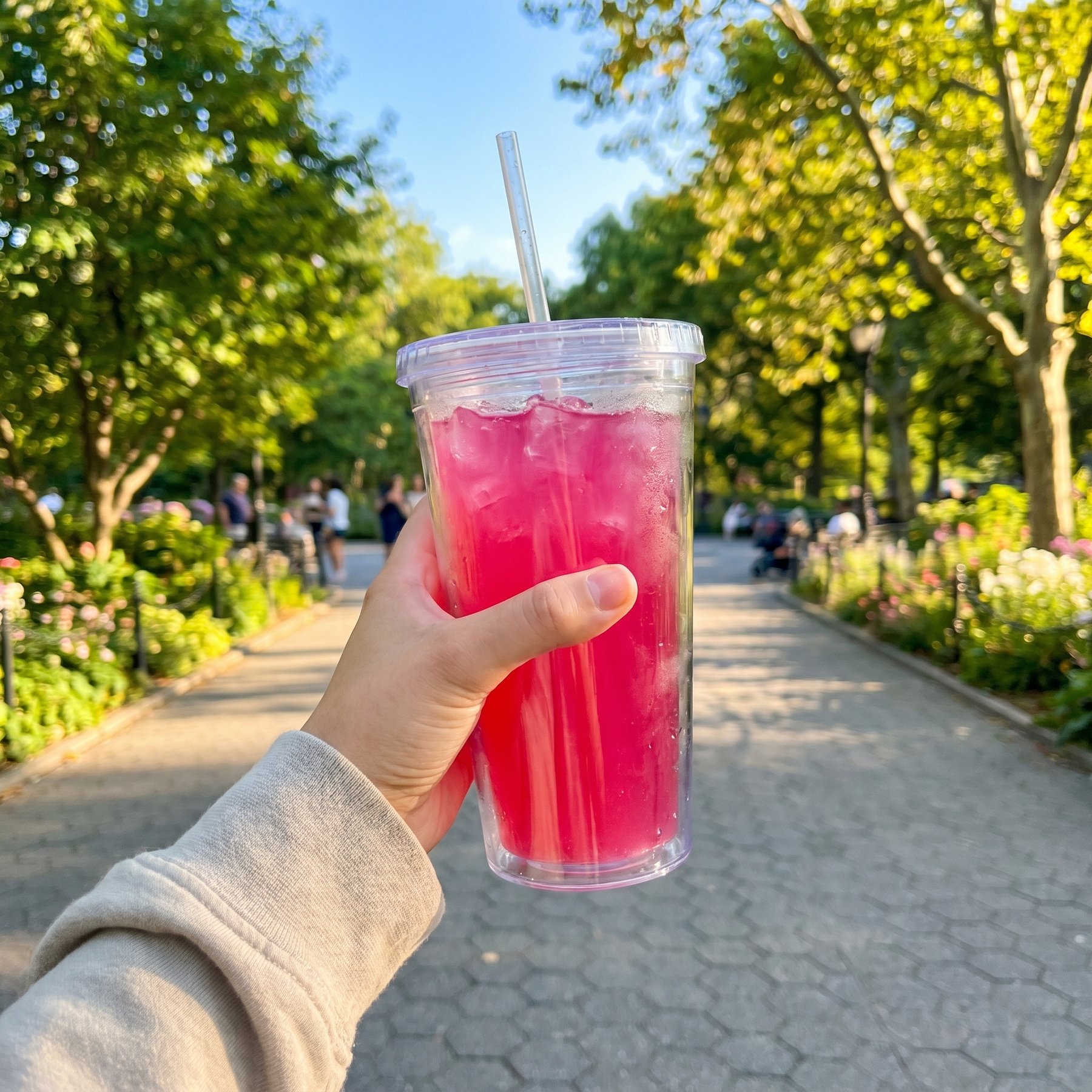 Mano sosteniendo bebida rosa en el parque