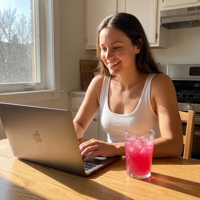 Mujer con bebida rosa frente a su laptop