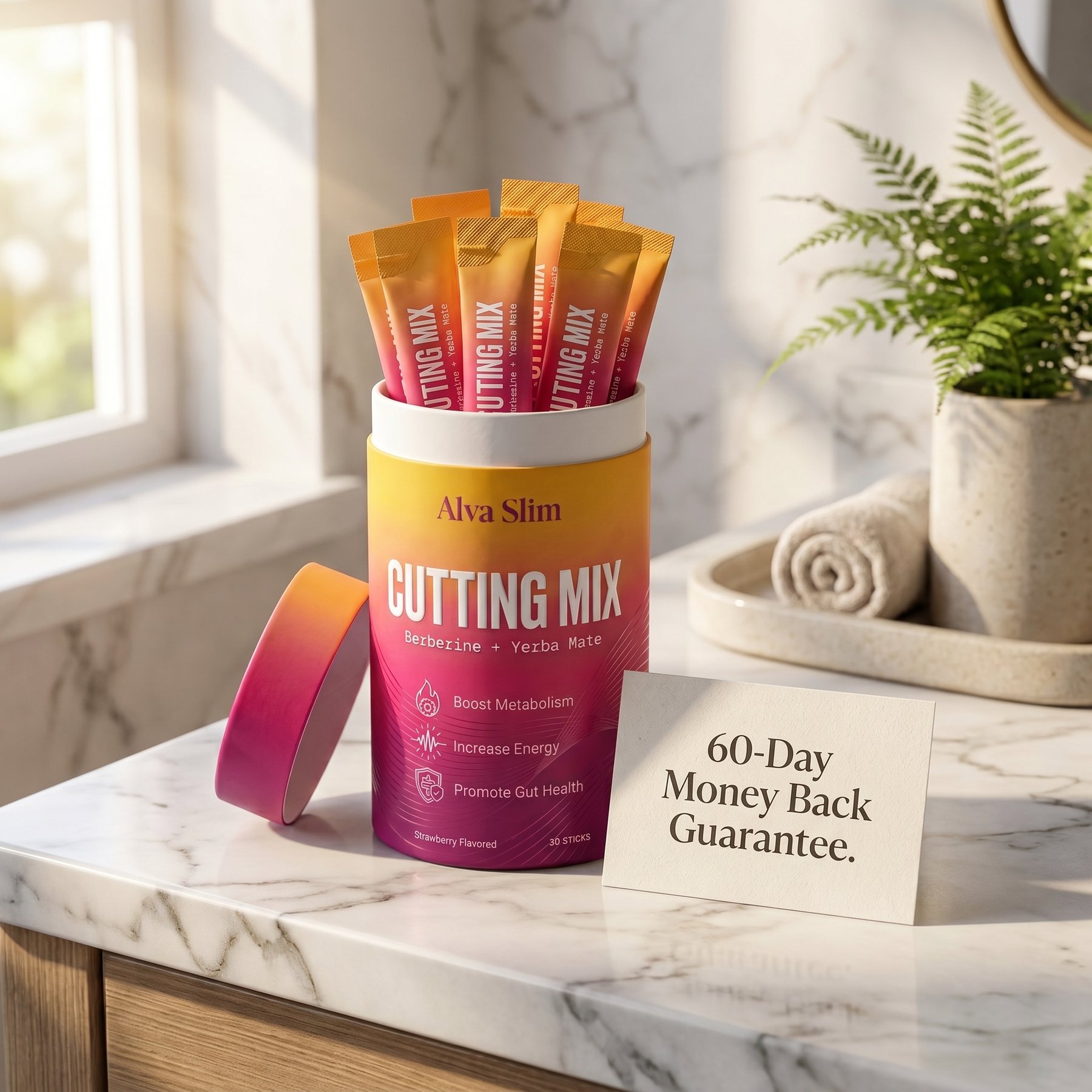 Alva Slim en el mostrador del baño con tarjeta de garantía