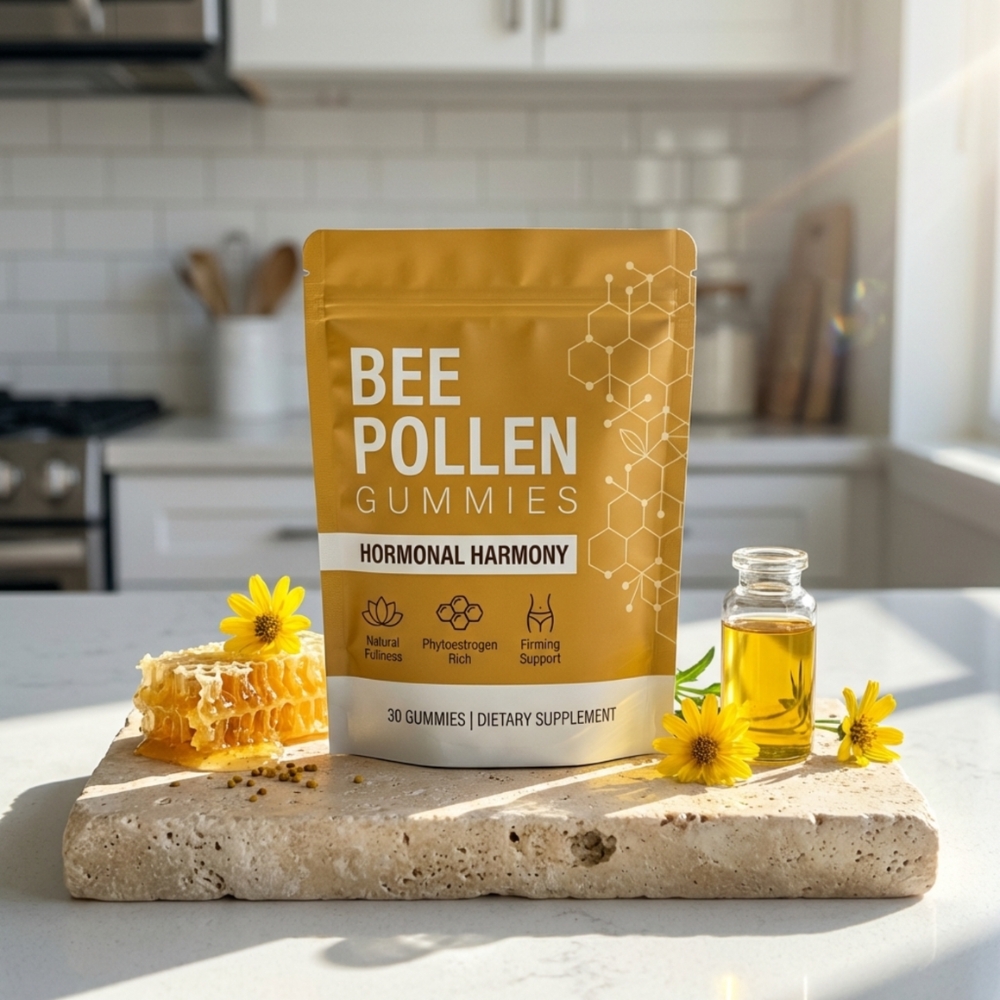 A pouch of Bee Pollen Gummies sits on a stone slab with honeycomb, yellow flowers, and a vial of oil.