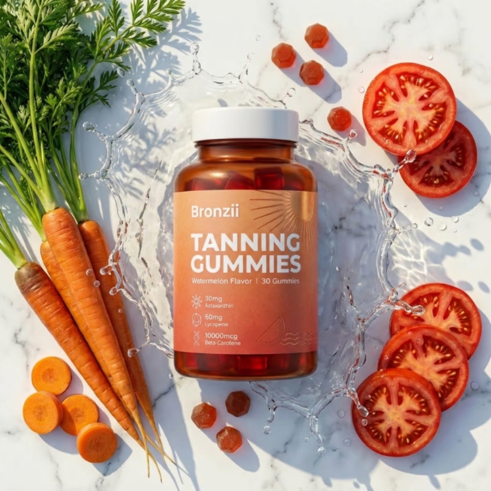 A bottle of Bronzii Tanning Gummies on a marble surface, surrounded by carrots, tomatoes, and a water splash.