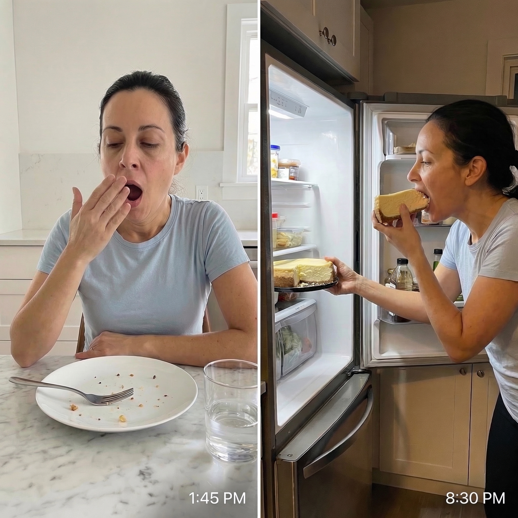 A split image showing a woman yawning after a meal, then later eating cheesecake from the refrigerator.