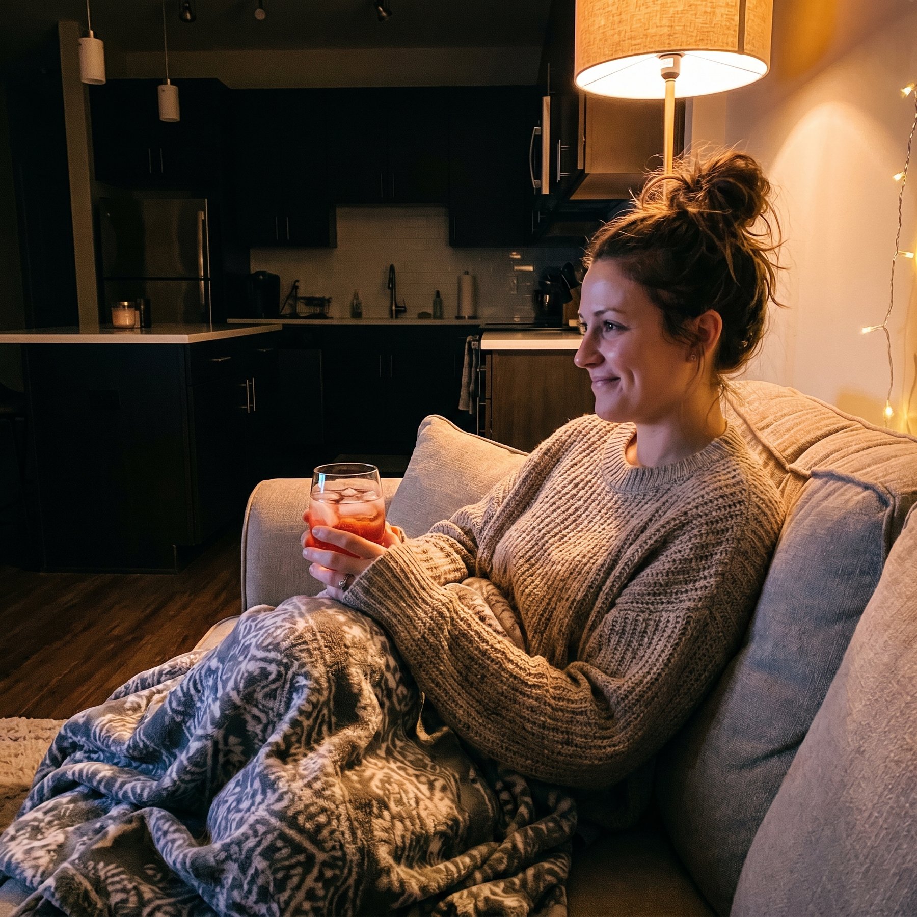 Mujer relajándose en el sofá con una bebida