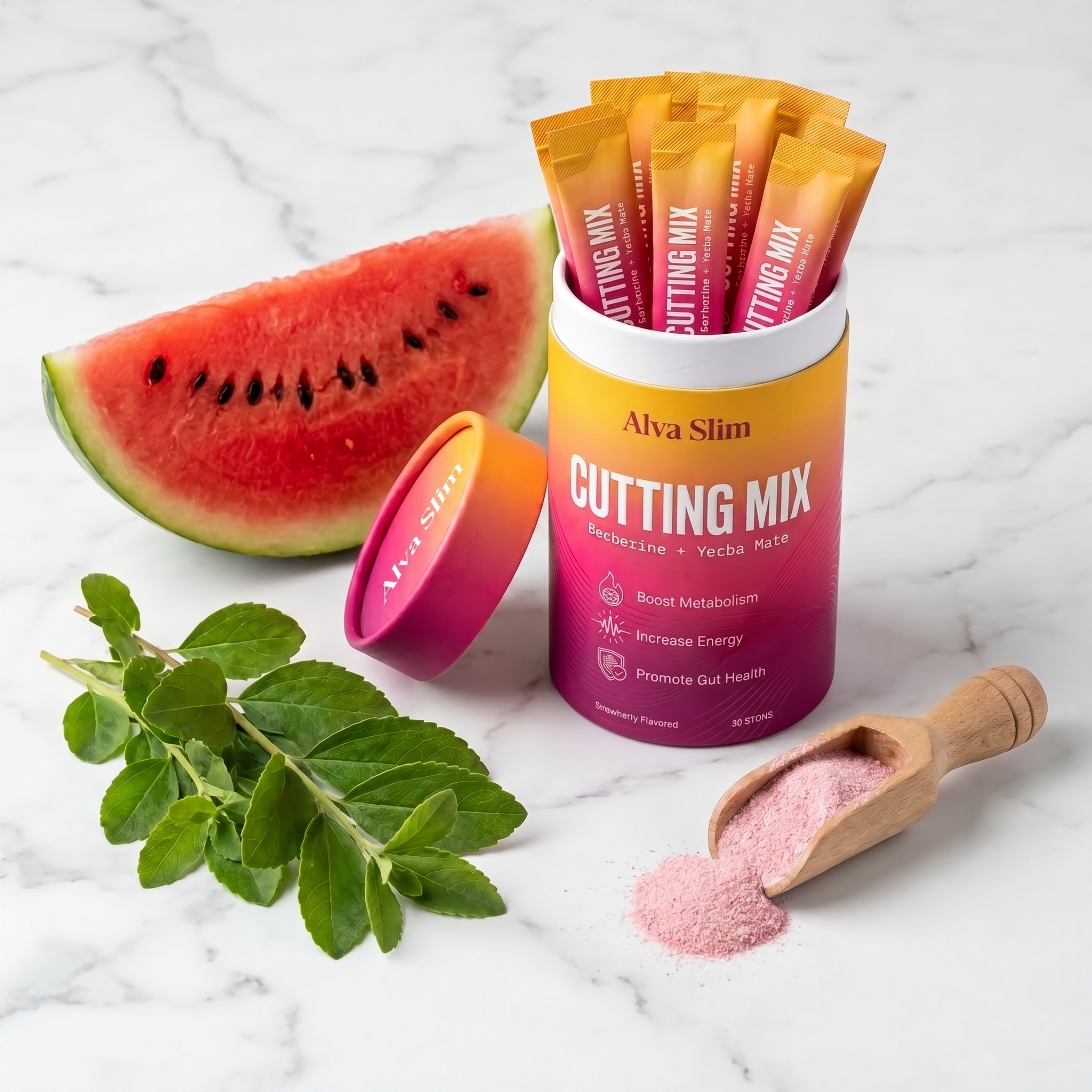 Alva Slim Cutting Mix powder with a slice of watermelon and green leaves on a marble countertop.