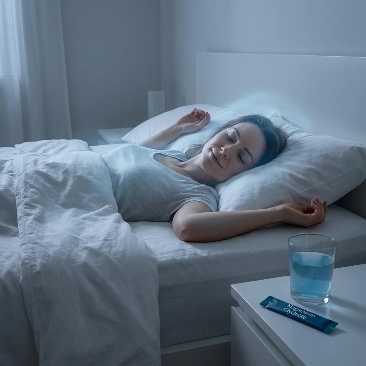 A woman sleeps peacefully in bed next to a nightstand with a sachet of Magnesium Glycinate and water.