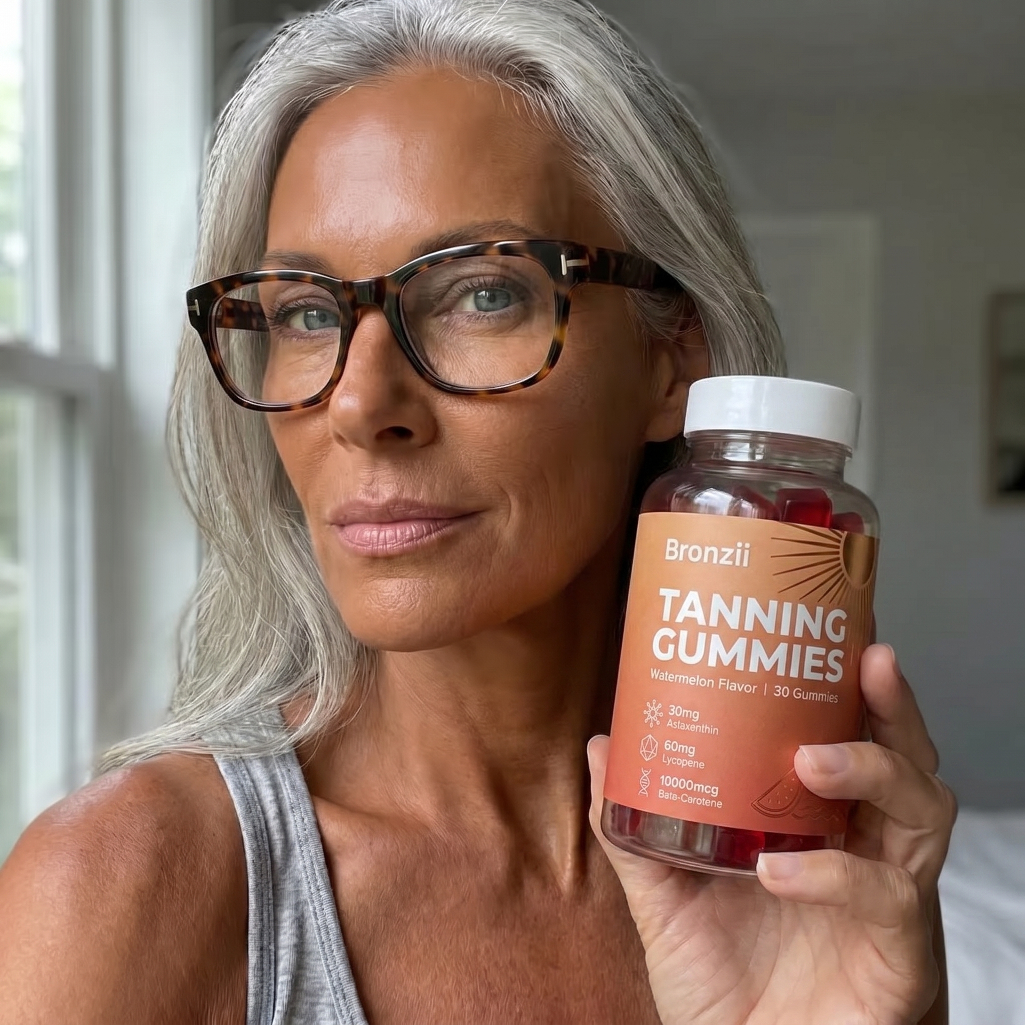 A woman with silver hair and glasses holding a bottle of Bronzii Tanning Gummies.