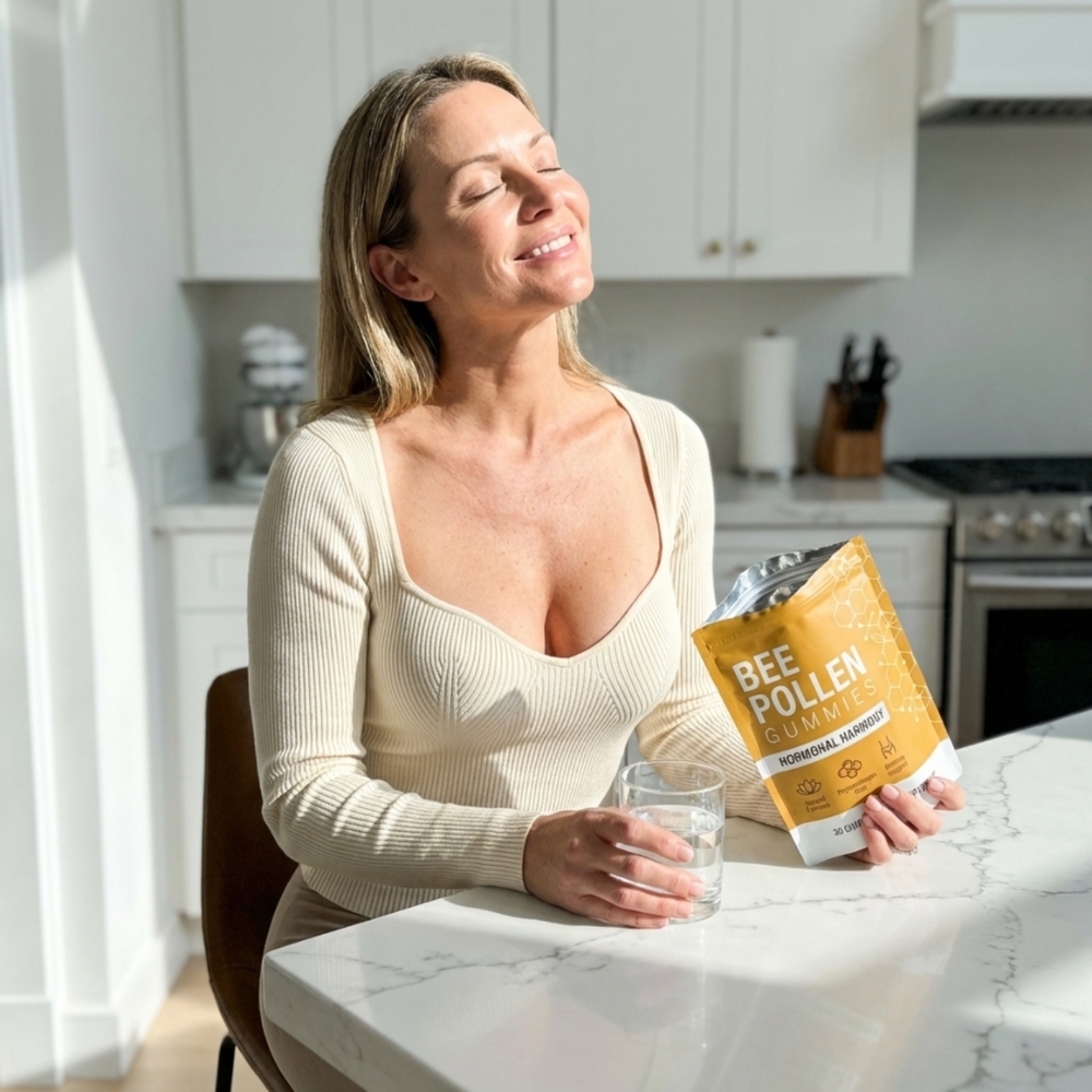 A woman sits at a sunlit kitchen counter, holding a bag of bee pollen gummies and a glass.