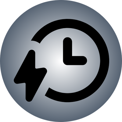 Clock with arrow and lightning bolt icon on a gray background.