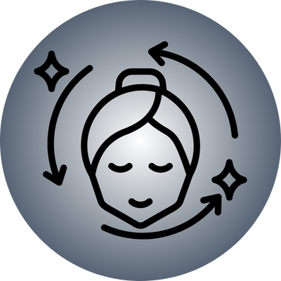 Stylized face with arrows and sparkles on a gradient circular background.