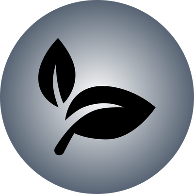 Black leaf icon on a gray circular background.