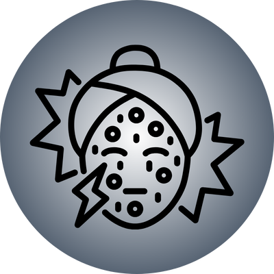 Illustration of a face with spots and lightning, symbolizing acne or skin problems.
