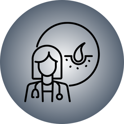 Line art of a doctor and a droplet symbol on a grey circular background.
